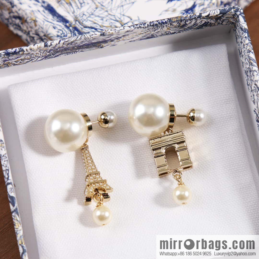 New ☑️ Dior size pearl Eiffel Tower Arc de Triomphe stud earrings