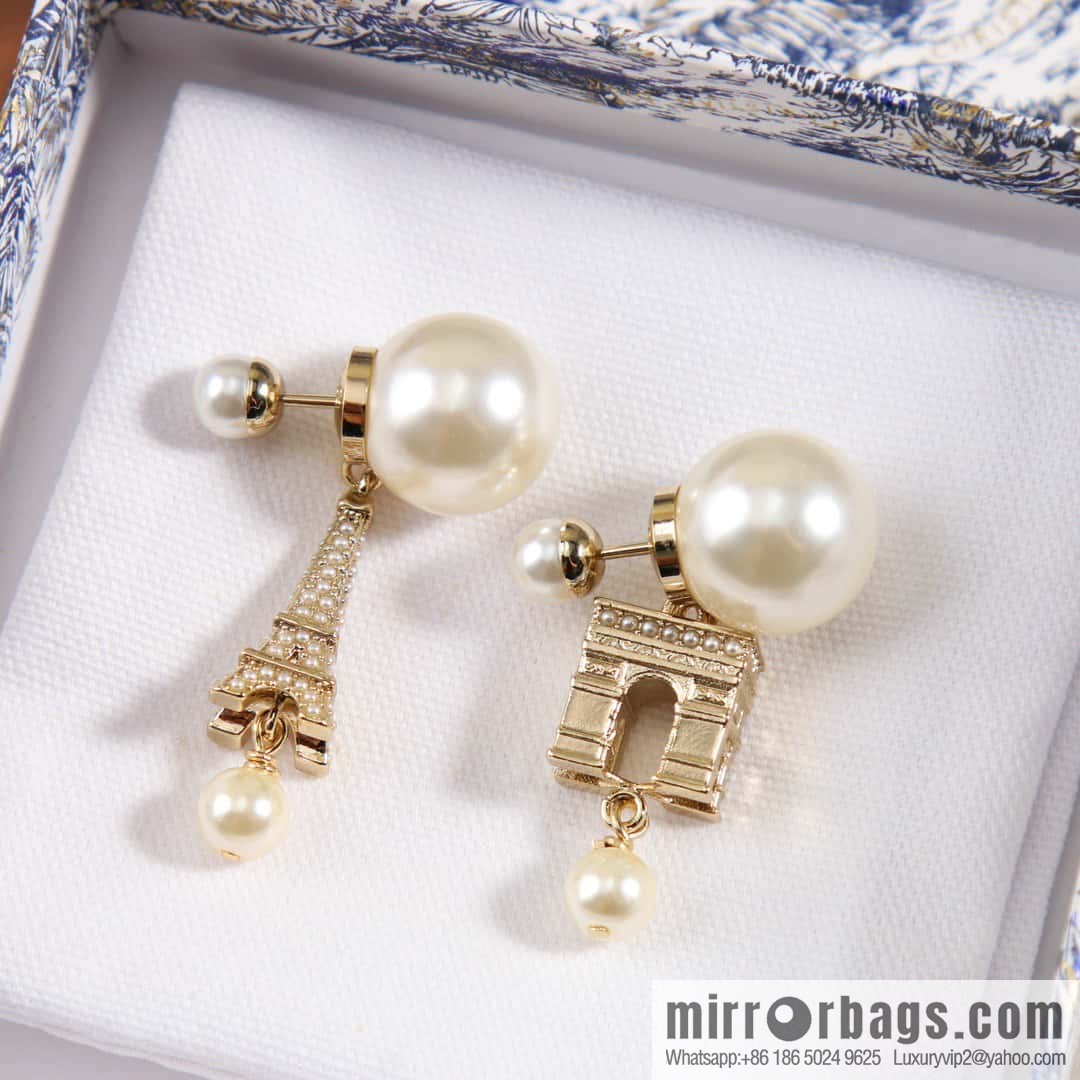 New ☑️ Dior size pearl Eiffel Tower Arc de Triomphe stud earrings