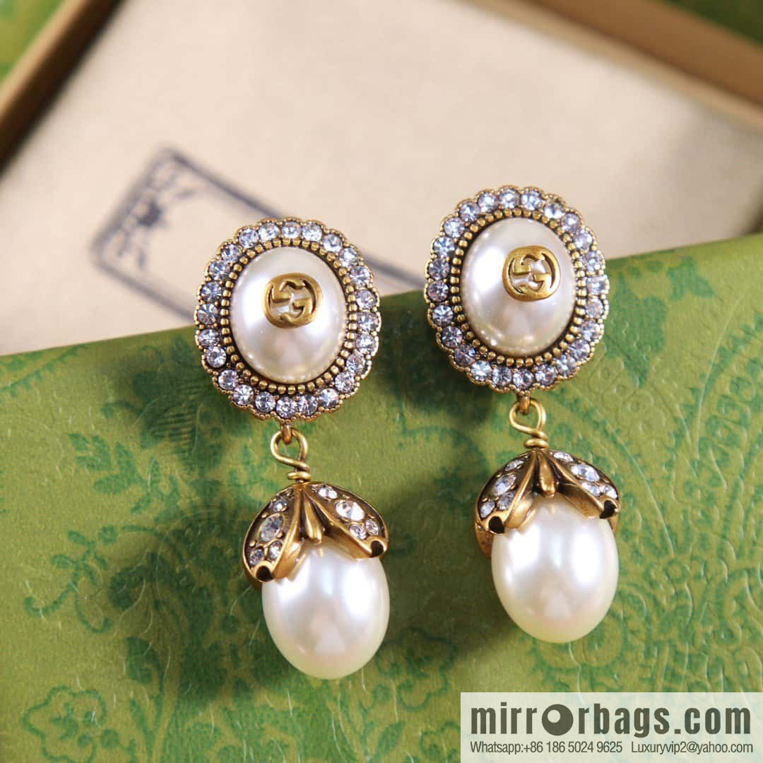 Gucci genuine packaging ☀️ new Gucci Gucci double G full diamond pearl stud earrings