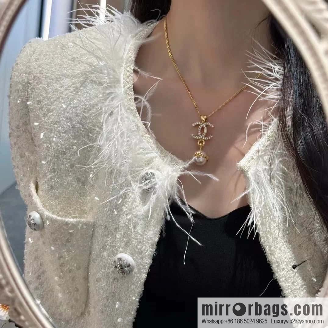 ☀️New ☑️ Chanel Full Diamond Double C Pearl Necklace