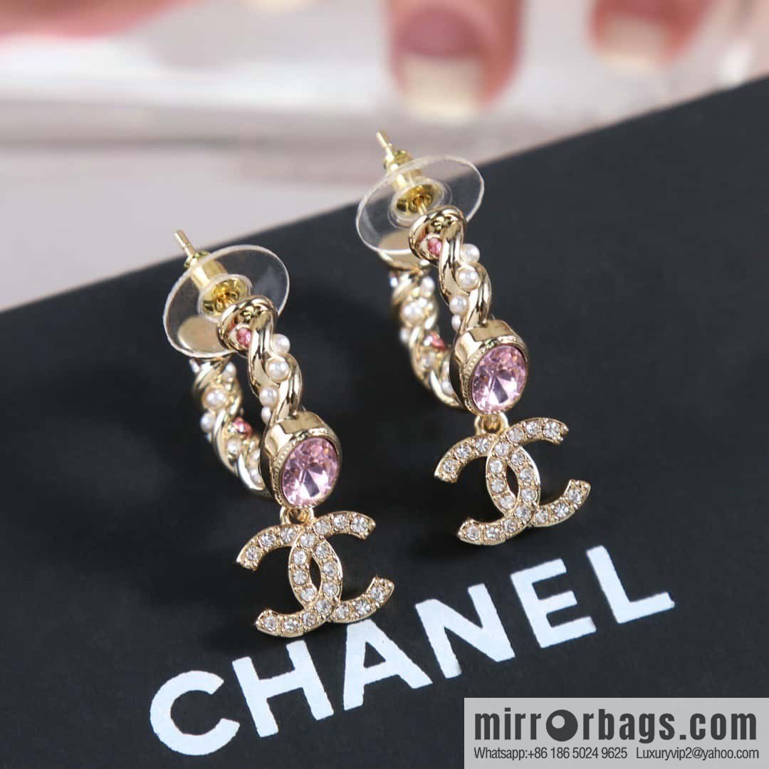 ☀️New ☑️ Chanel C2 double c twist pink diamond pearl stud earrings