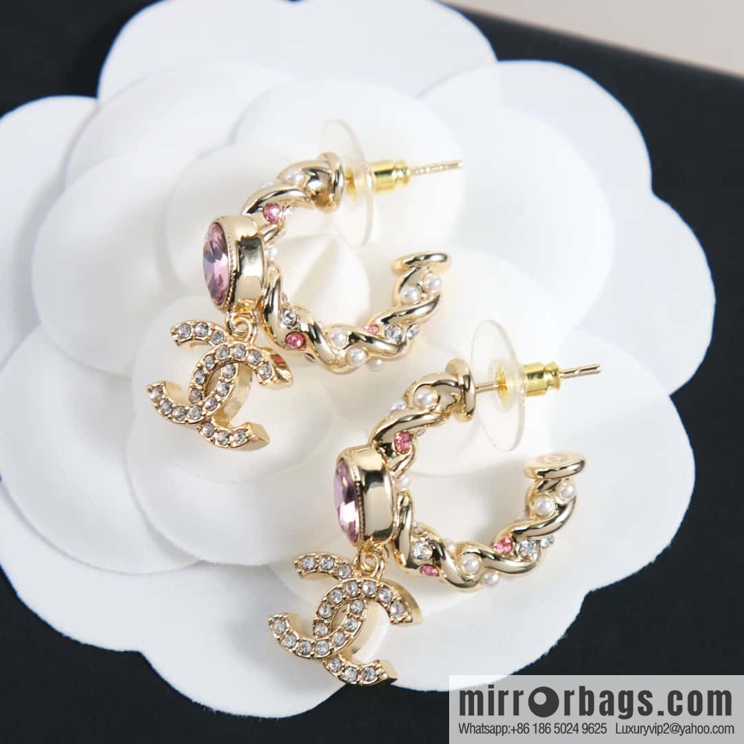 ☀️New ☑️ Chanel C2 double c twist pink diamond pearl stud earrings