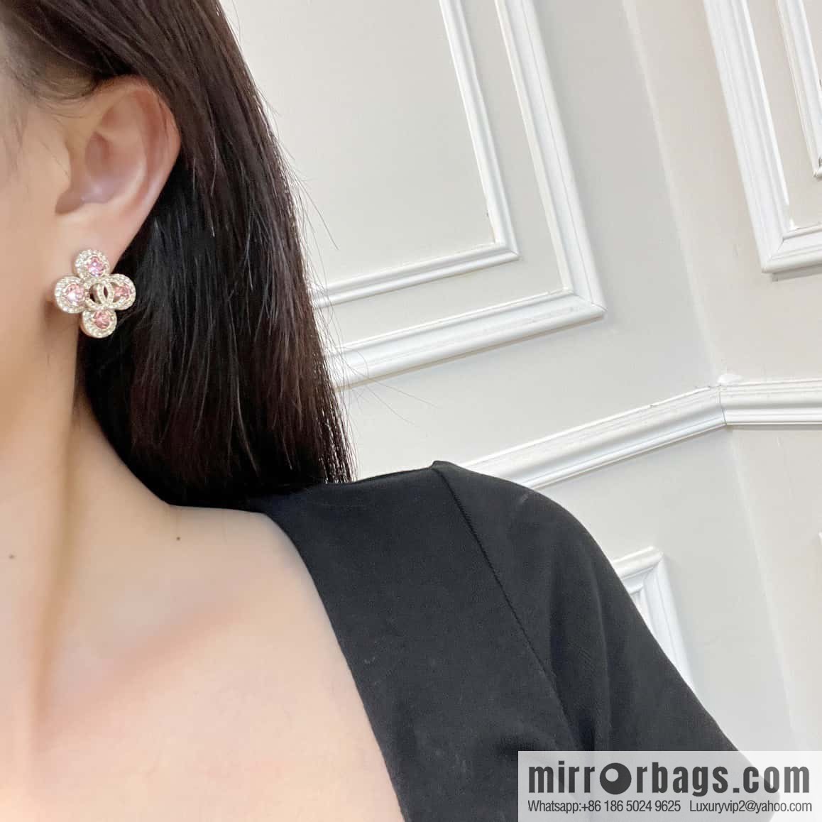 ☀️New ☑️ Chanel C1 double c four-leaf clover pink diamond stud earrings