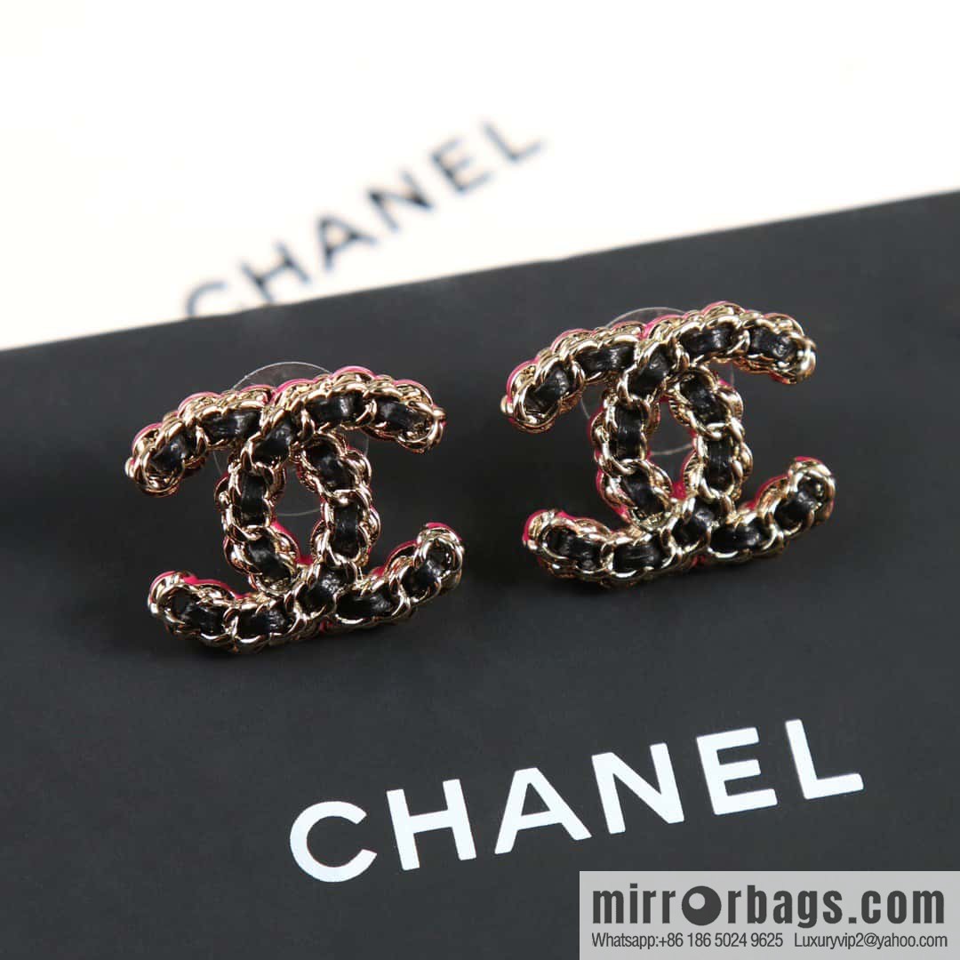 ☀️New ☑️ Chanel C1 double c black leather rope stud earrings ☀️ full set CHANEL