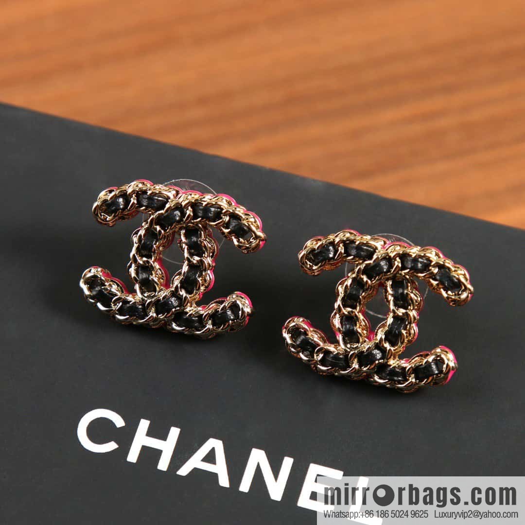 ☀️New ☑️ Chanel C1 double c black leather rope stud earrings ☀️ full set CHANEL