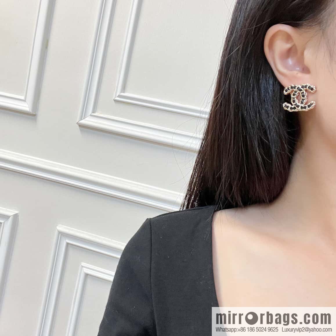 ☀️New ☑️ Chanel C1 double c black leather rope stud earrings ☀️ full set CHANEL