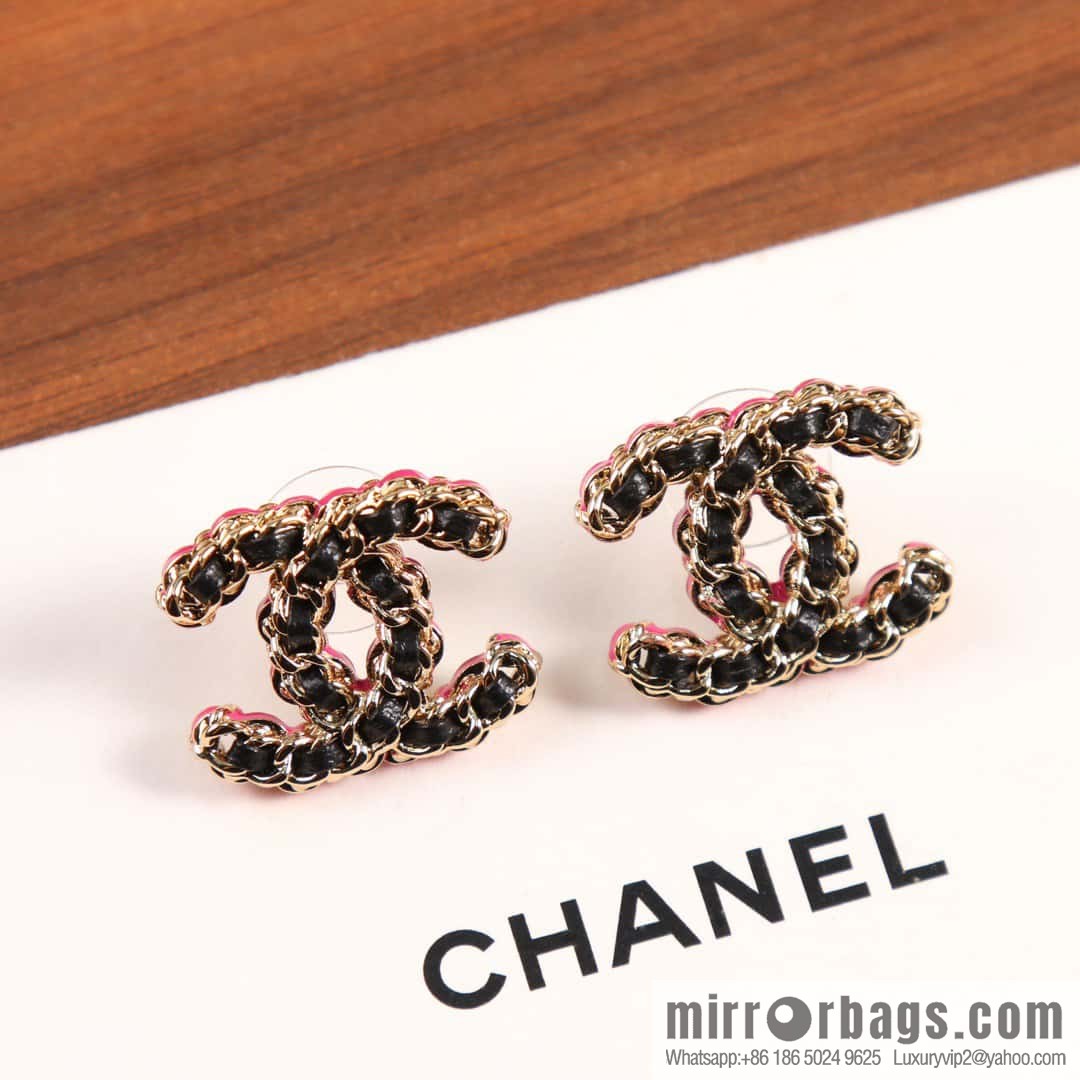 ☀️New ☑️ Chanel C1 double c black leather rope stud earrings ☀️ full set CHANEL
