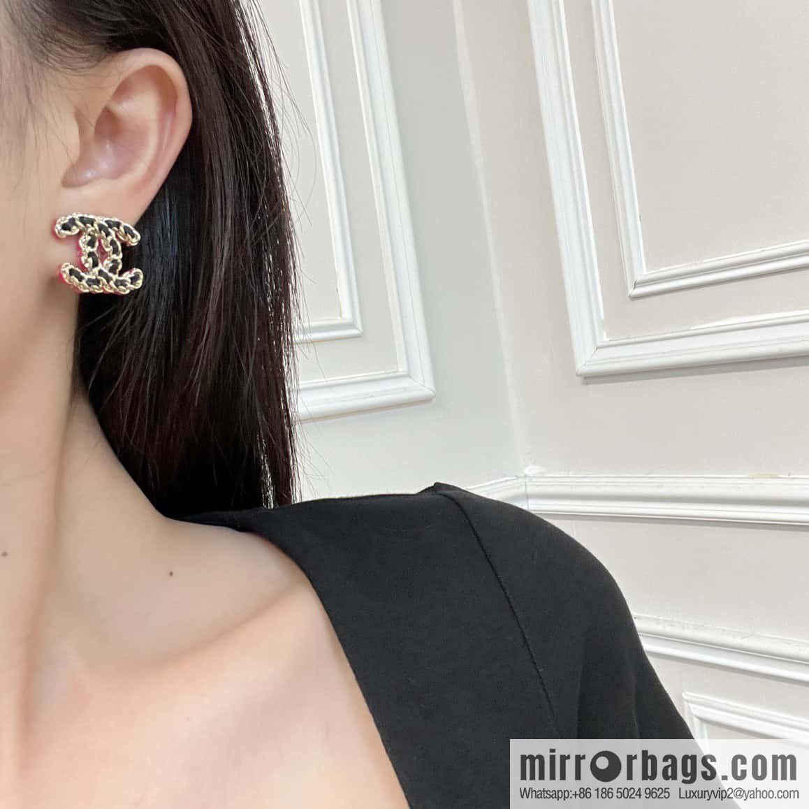 ☀️New ☑️ Chanel C1 double c black leather rope stud earrings ☀️ full set CHANEL