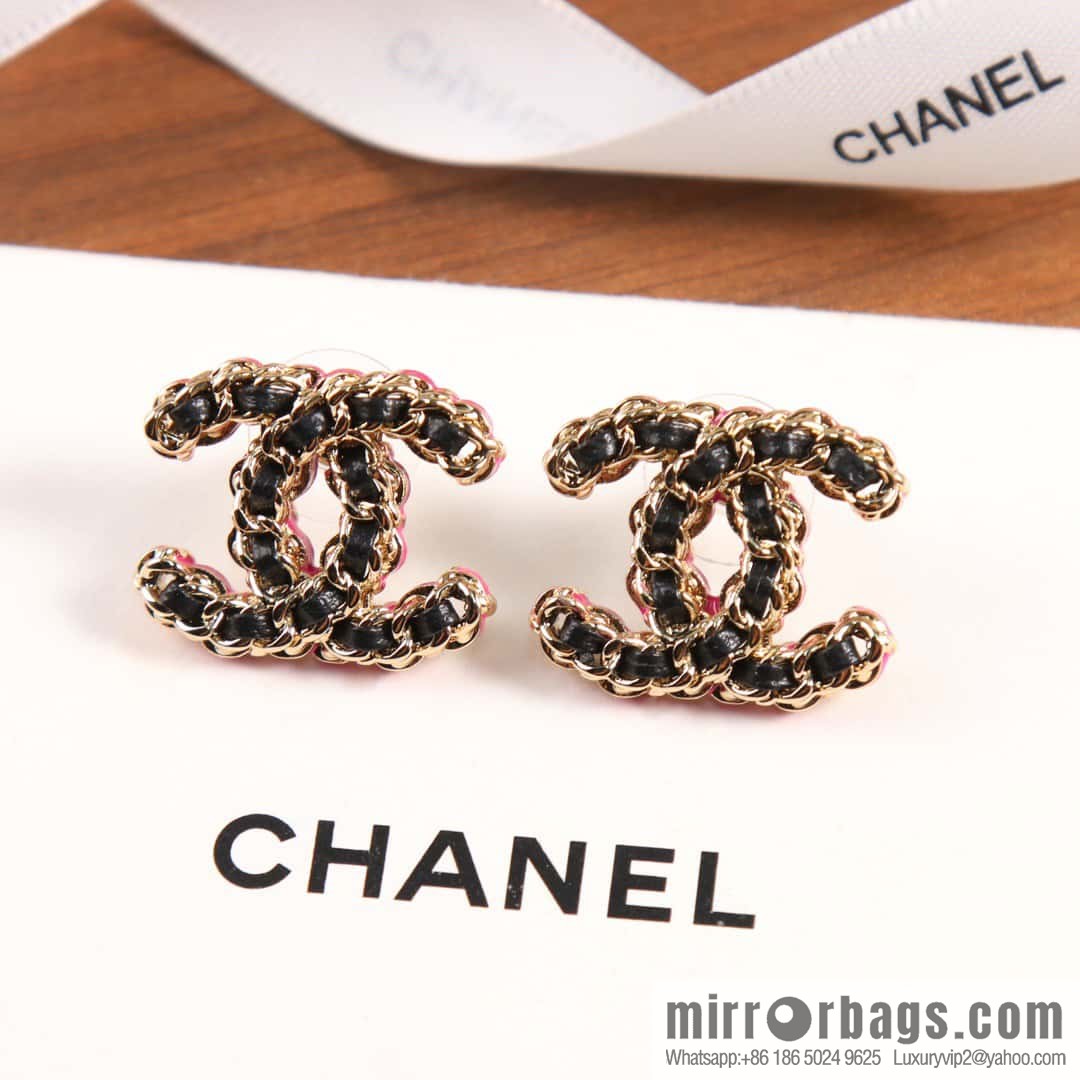 ☀️New ☑️ Chanel C1 double c black leather rope stud earrings ☀️ full set CHANEL