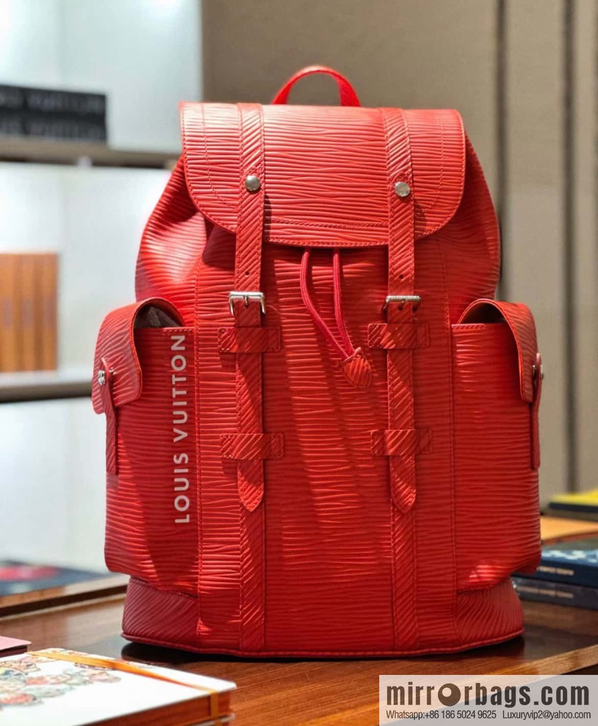 [Premium‑quality] M23764 red letters, full leather epi backpack series Christopher medium backpack M41709 M41379