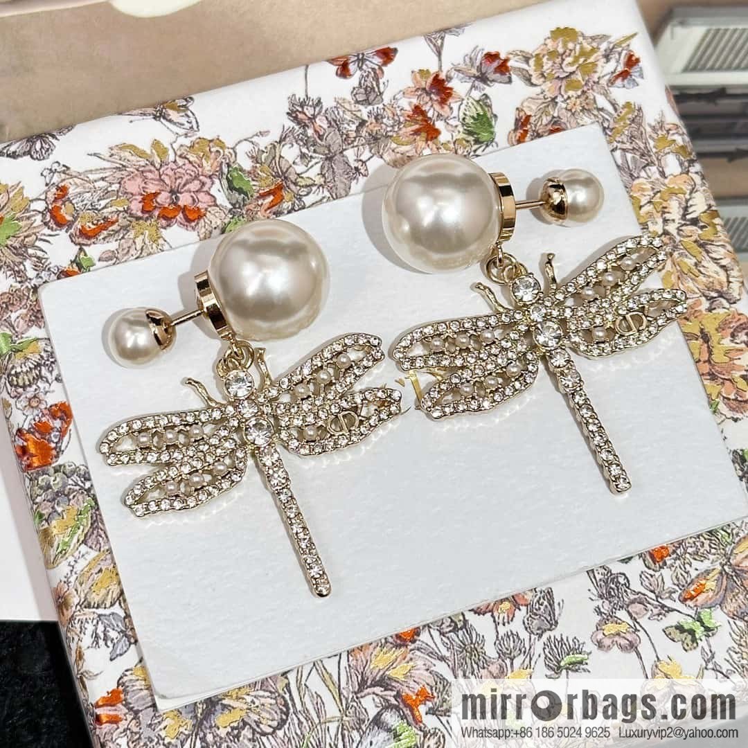 New ☑️ Dior size pearl dragonfly stud earrings