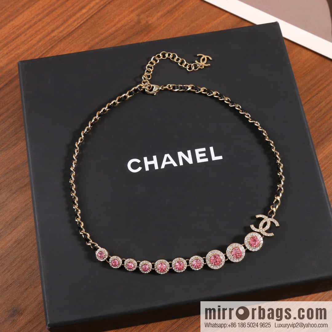 ☀️New ☑️ Chanel Double C Black Leather Rope Pink Diamond Necklace ☀️