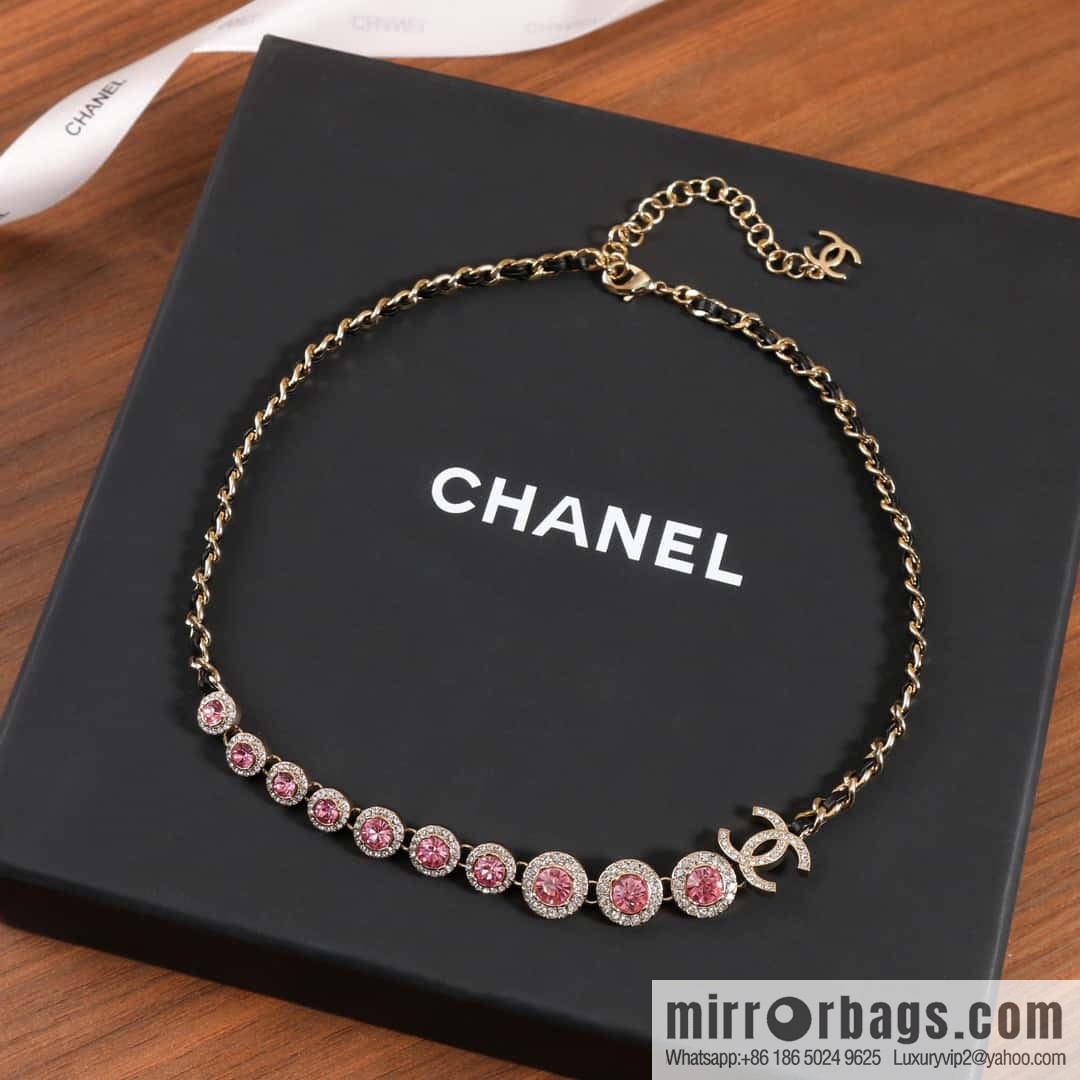 ☀️New ☑️ Chanel Double C Black Leather Rope Pink Diamond Necklace ☀️