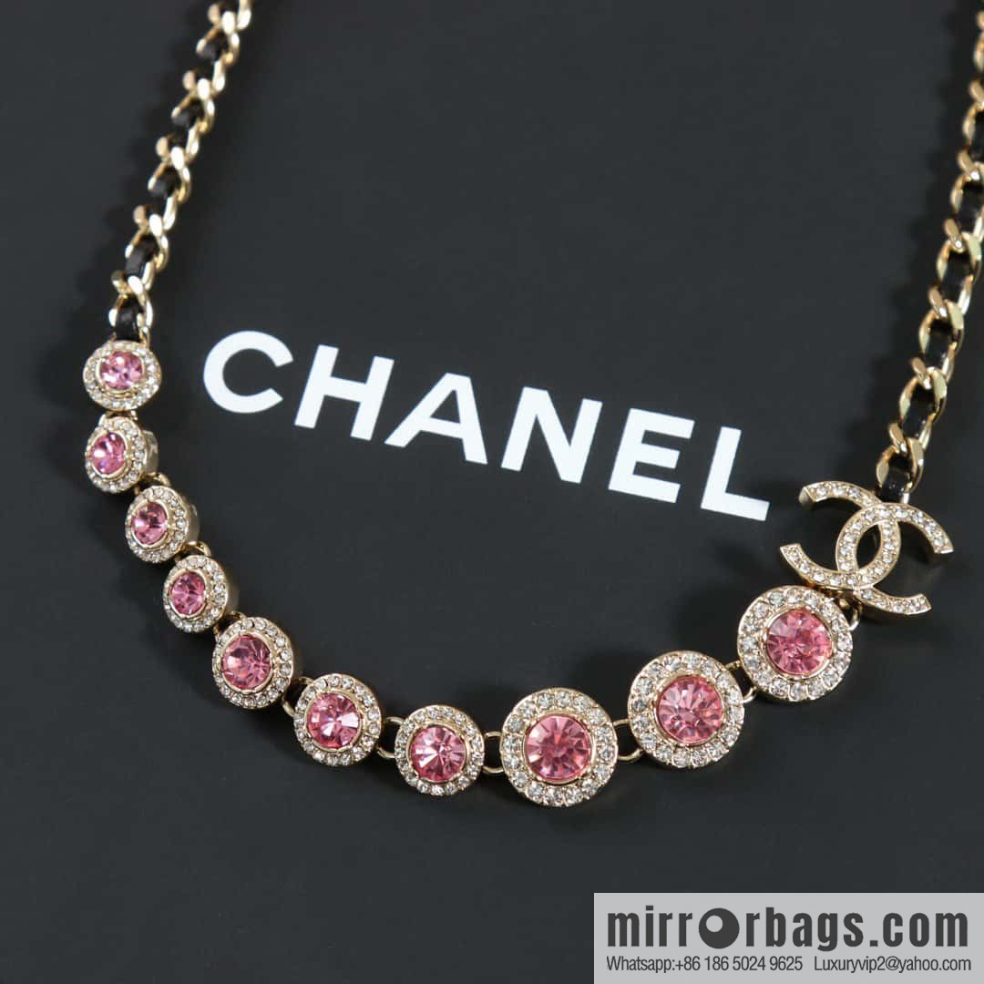 ☀️New ☑️ Chanel Double C Black Leather Rope Pink Diamond Necklace ☀️