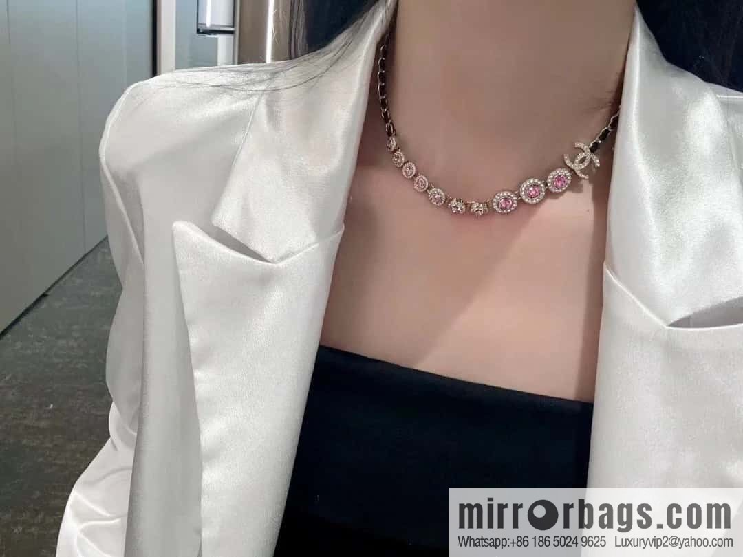 ☀️New ☑️ Chanel Double C Black Leather Rope Pink Diamond Necklace ☀️