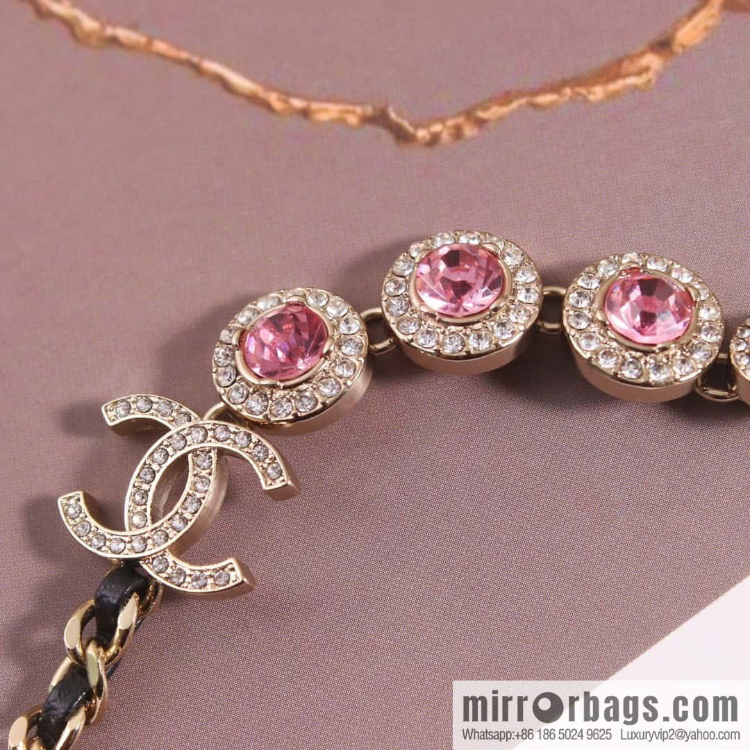 ☀️New ☑️ Chanel Double C Black Leather Rope Pink Diamond Necklace ☀️