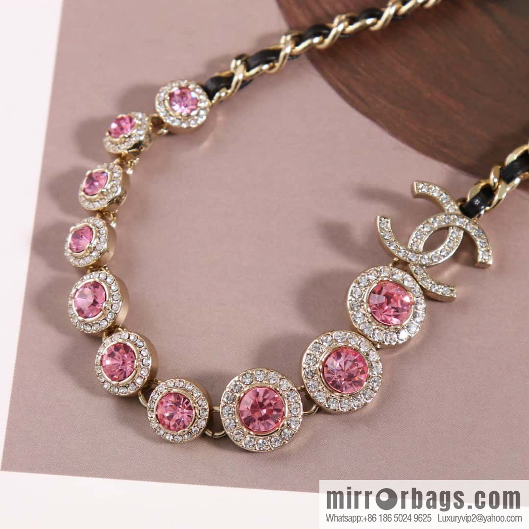 ☀️New ☑️ Chanel Double C Black Leather Rope Pink Diamond Necklace ☀️