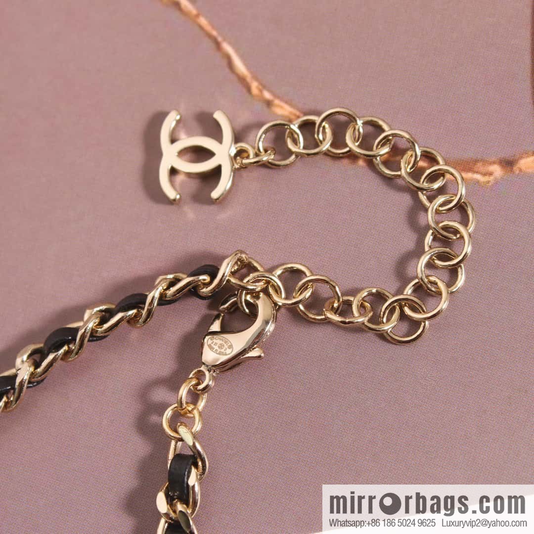 ☀️New ☑️ Chanel Double C Black Leather Rope Pink Diamond Necklace ☀️