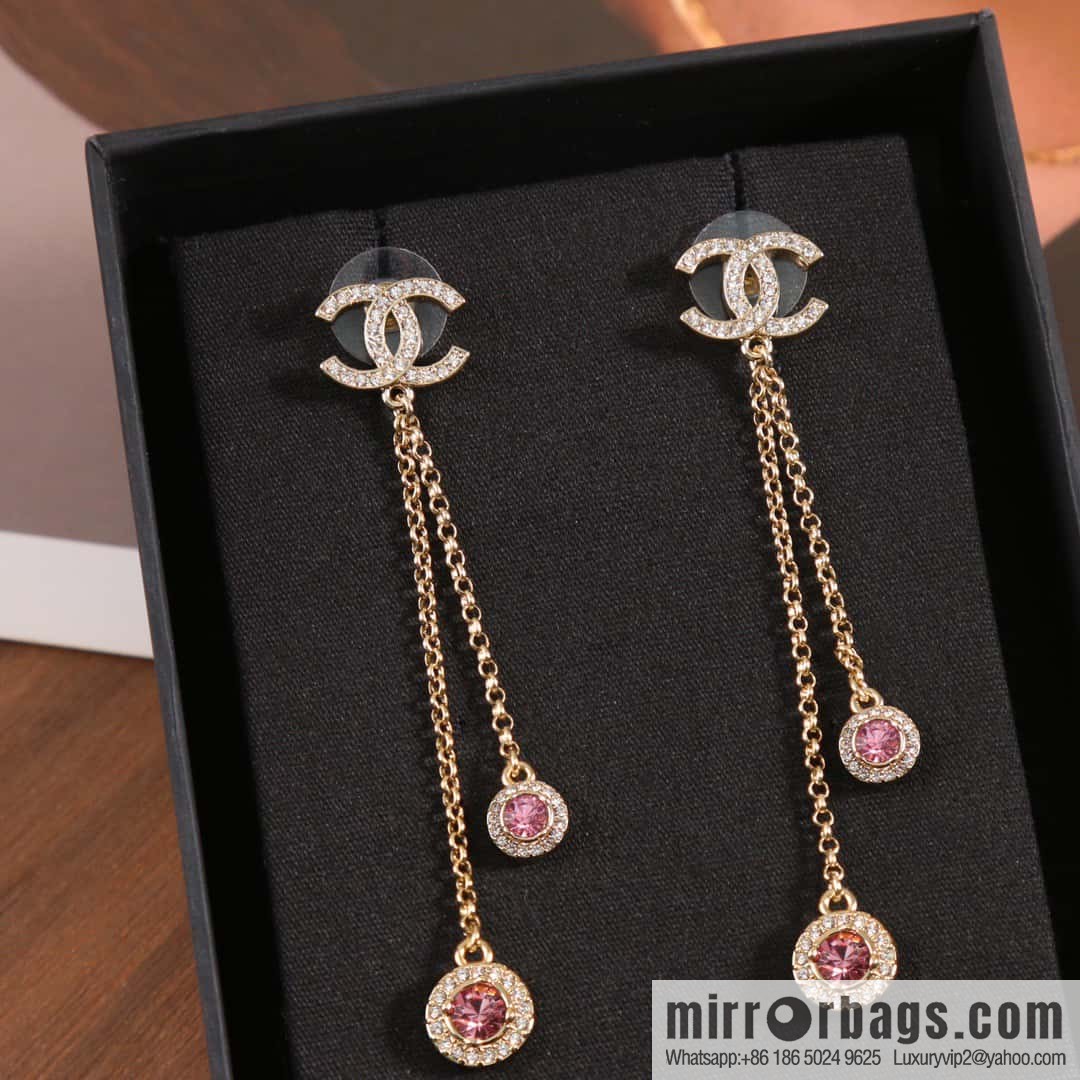 ☀️New ☑️ Chanel double c pink diamond fringed stud earrings ☀️