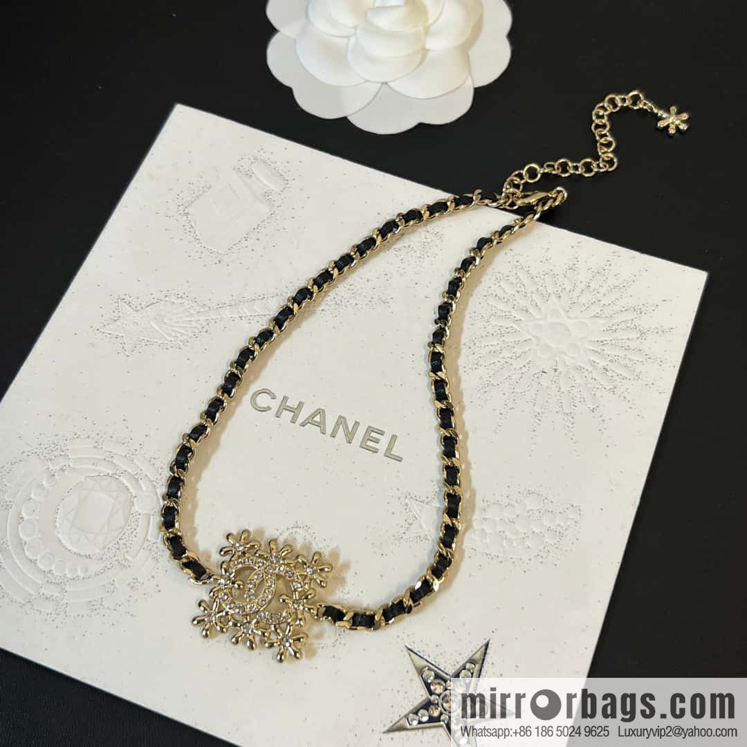 ☀️New ☑️ Chanel Double C Square Flower Black Leather Rope Necklace Necklace Choker ☀️