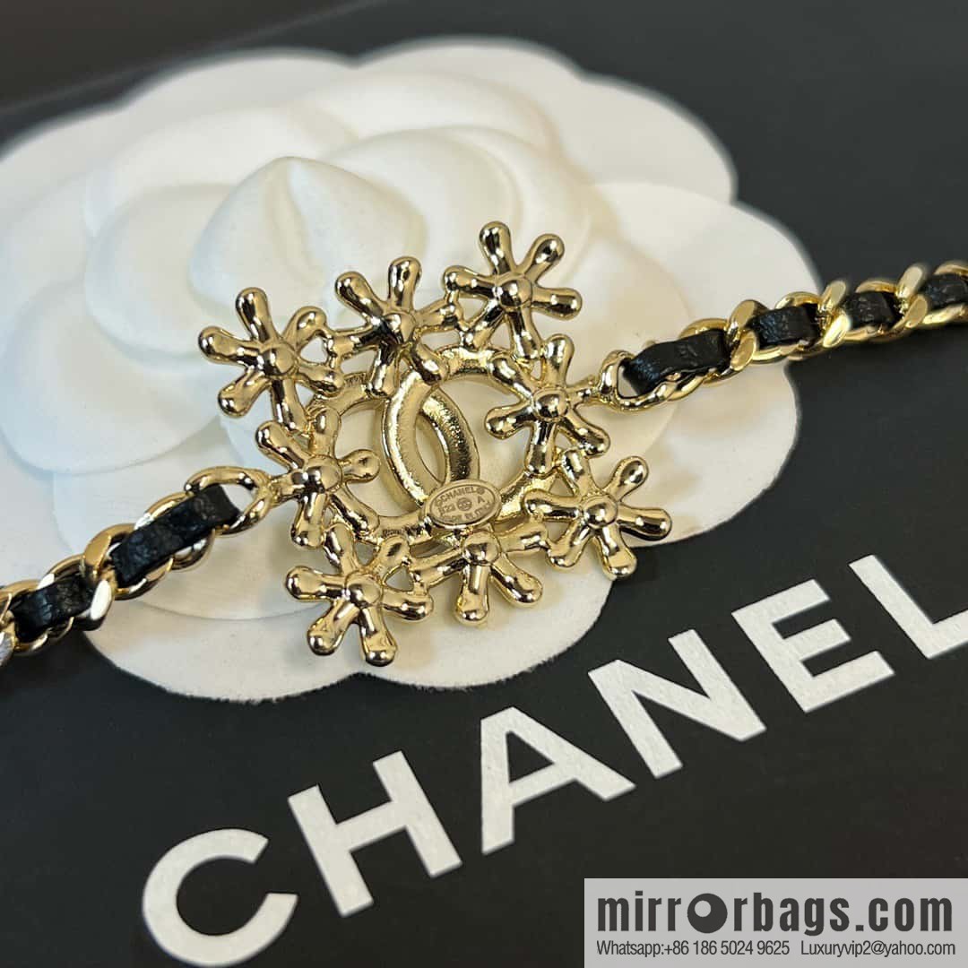 ☀️New ☑️ Chanel Double C Square Flower Black Leather Rope Necklace Necklace Choker ☀️