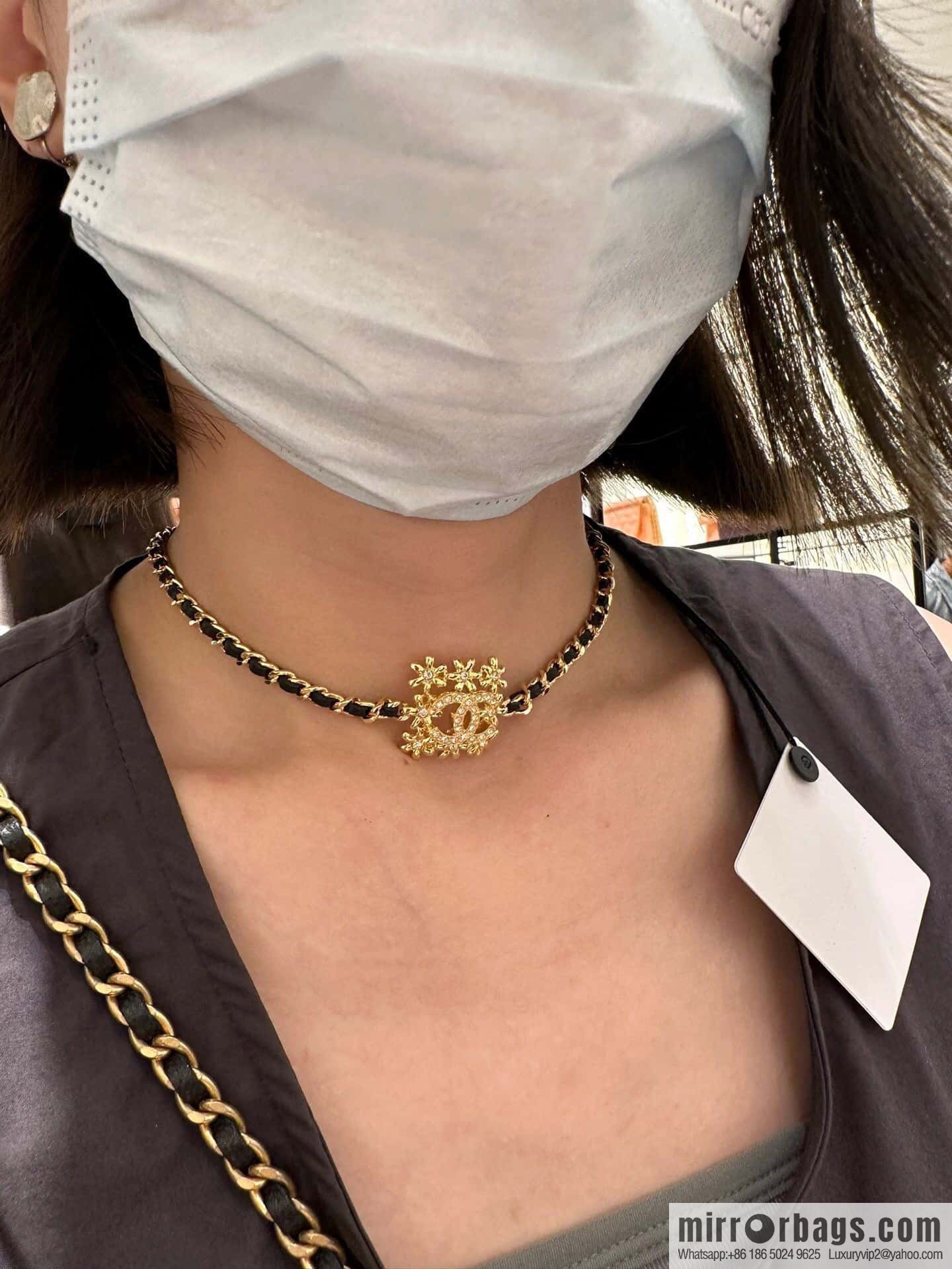 ☀️New ☑️ Chanel Double C Square Flower Black Leather Rope Necklace Necklace Choker ☀️