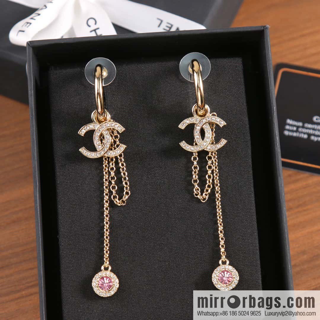New ☑️ Chanel c2 double c tassel pink diamond round stud earrings