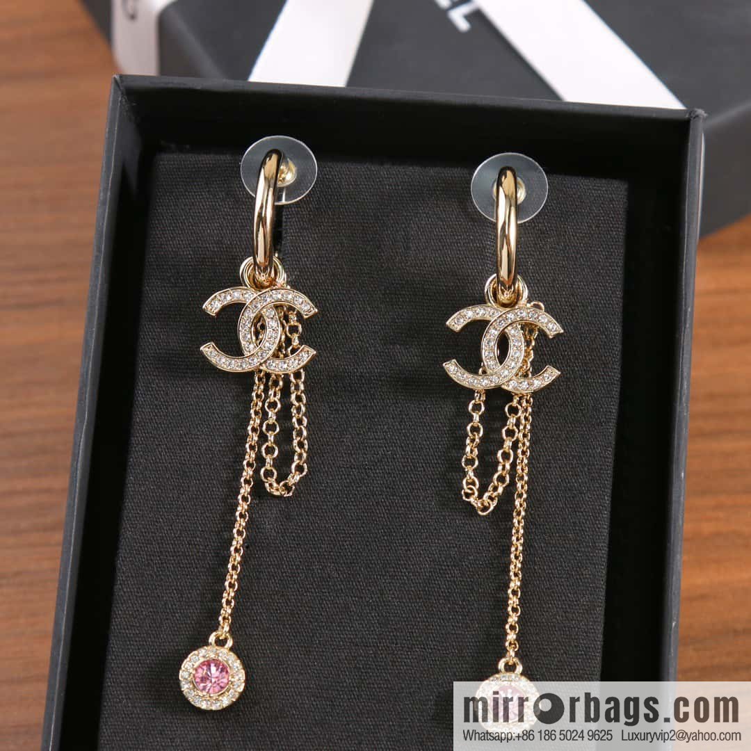 New ☑️ Chanel c2 double c tassel pink diamond round stud earrings