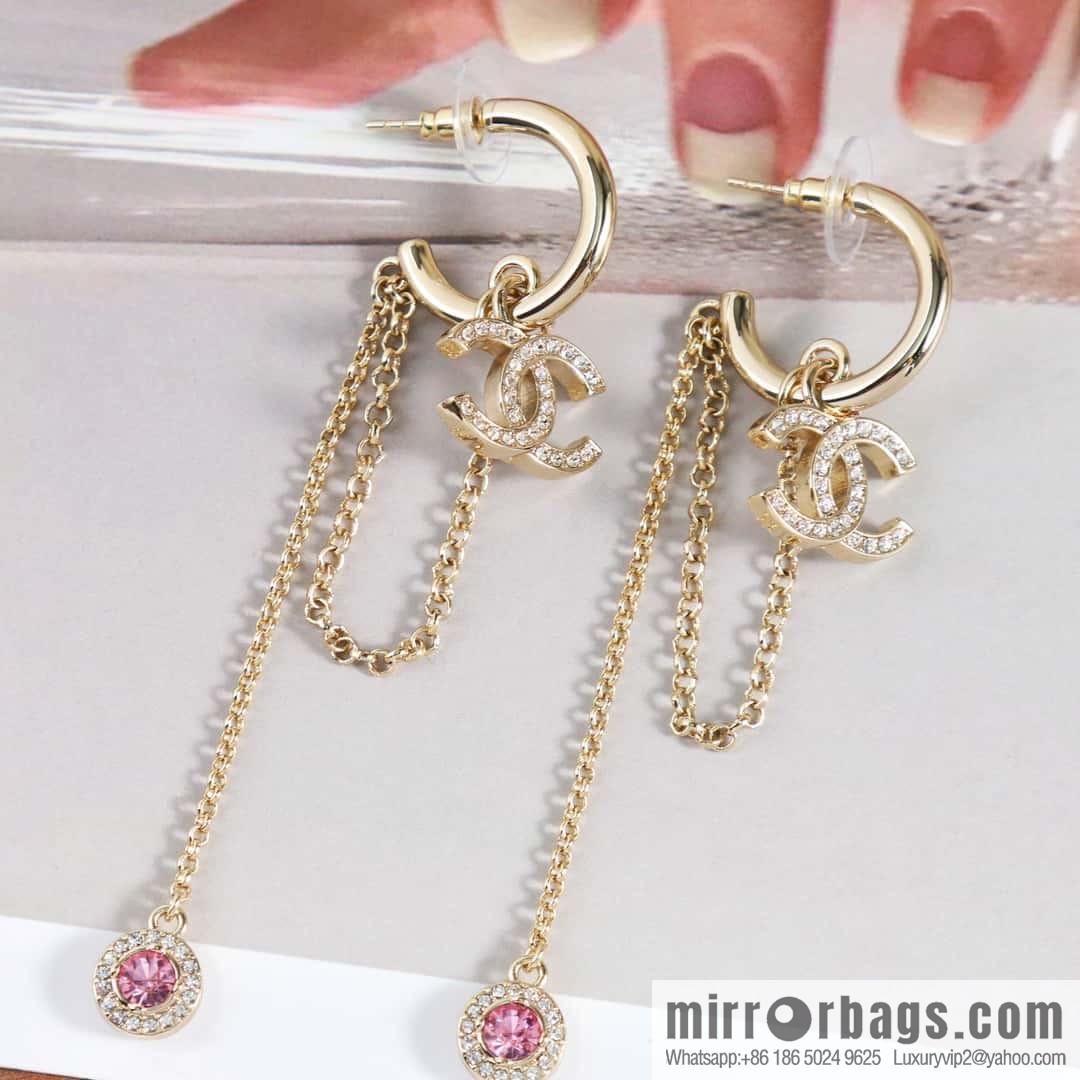 New ☑️ Chanel c2 double c tassel pink diamond round stud earrings