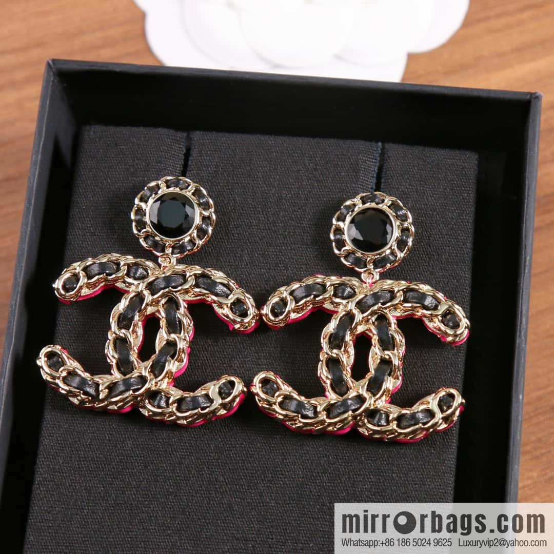 New ☑️ Chanel c2 double c black leather rope stud earrings