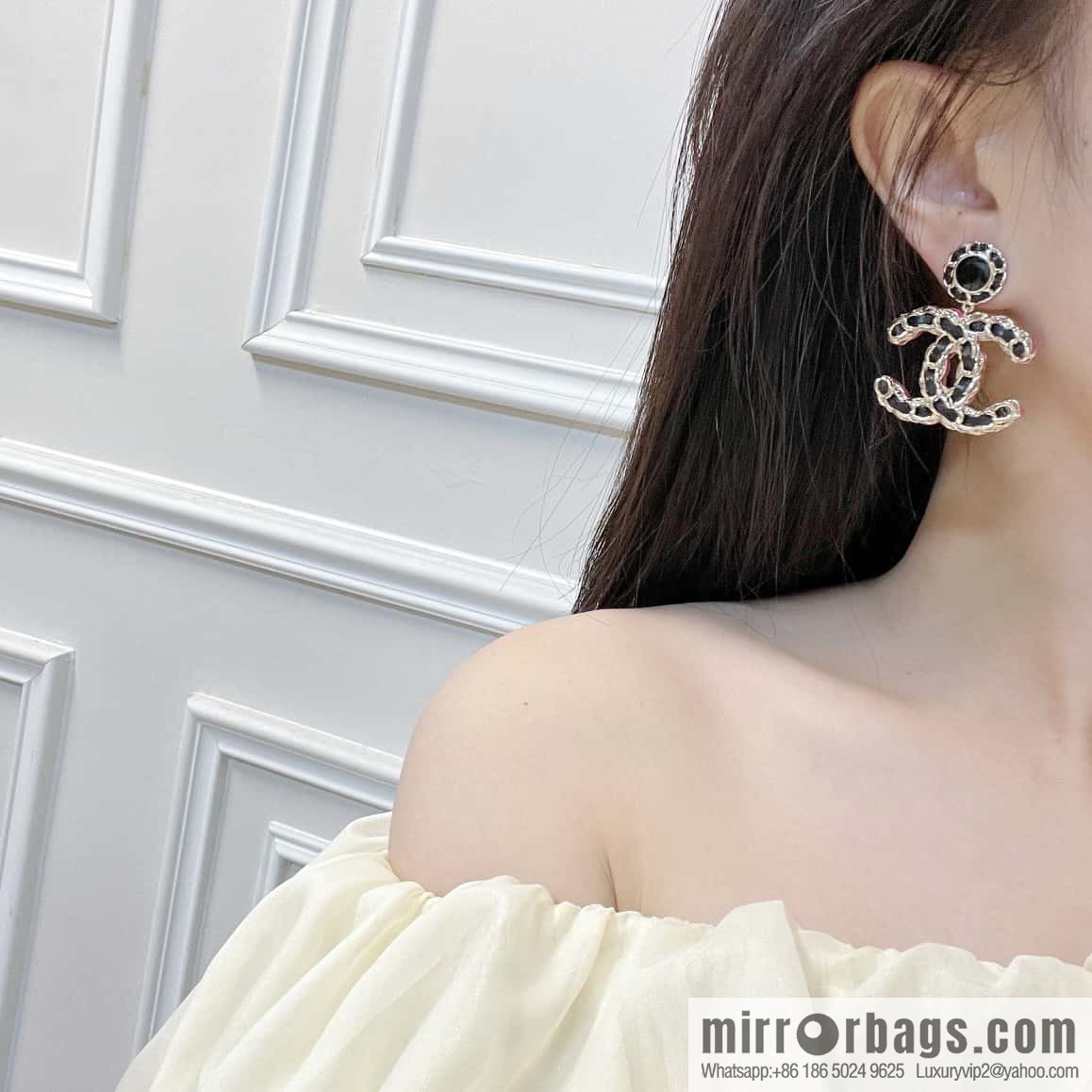 New ☑️ Chanel c2 double c black leather rope stud earrings