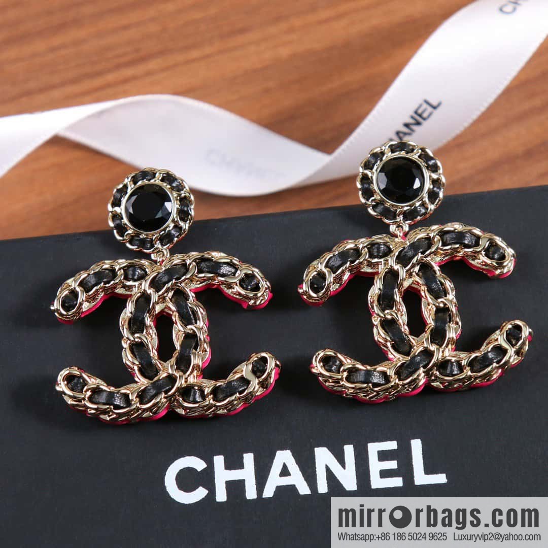 New ☑️ Chanel c2 double c black leather rope stud earrings