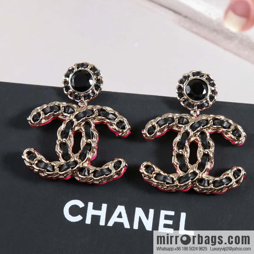 New ☑️ Chanel c2 double c black leather rope stud earrings