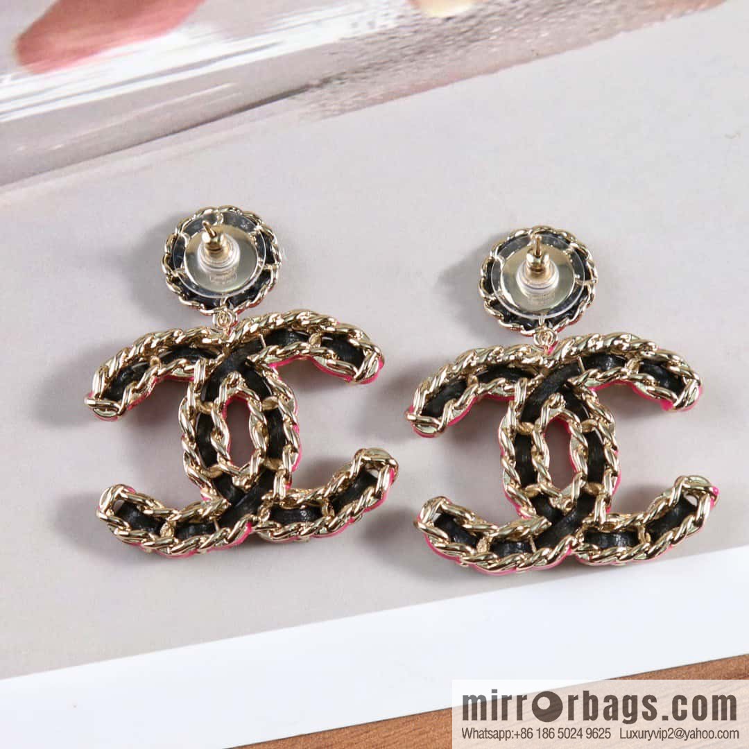 New ☑️ Chanel c2 double c black leather rope stud earrings