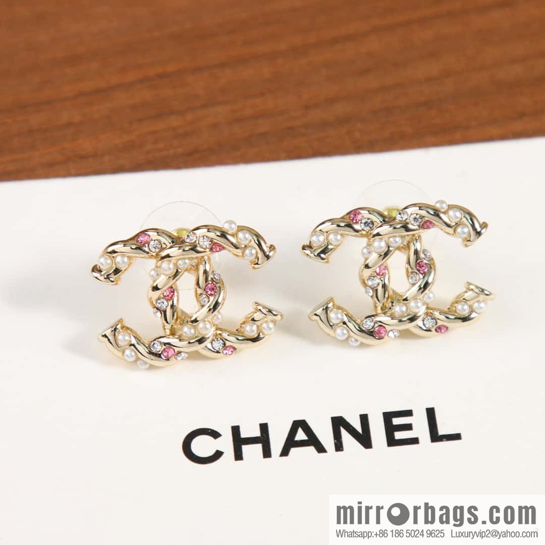 New ☑️ Chanel c1 double c pink diamond pearl stud earrings