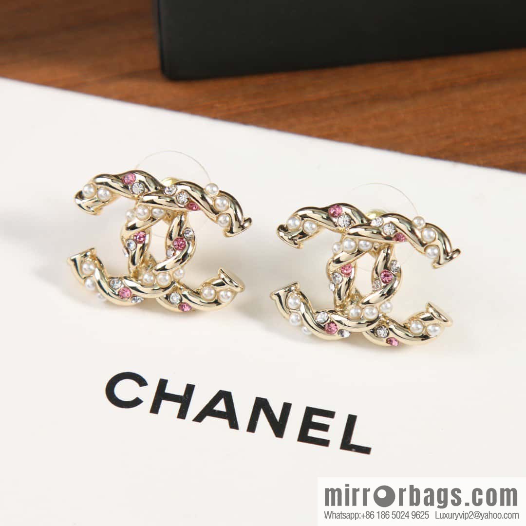 New ☑️ Chanel c1 double c pink diamond pearl stud earrings