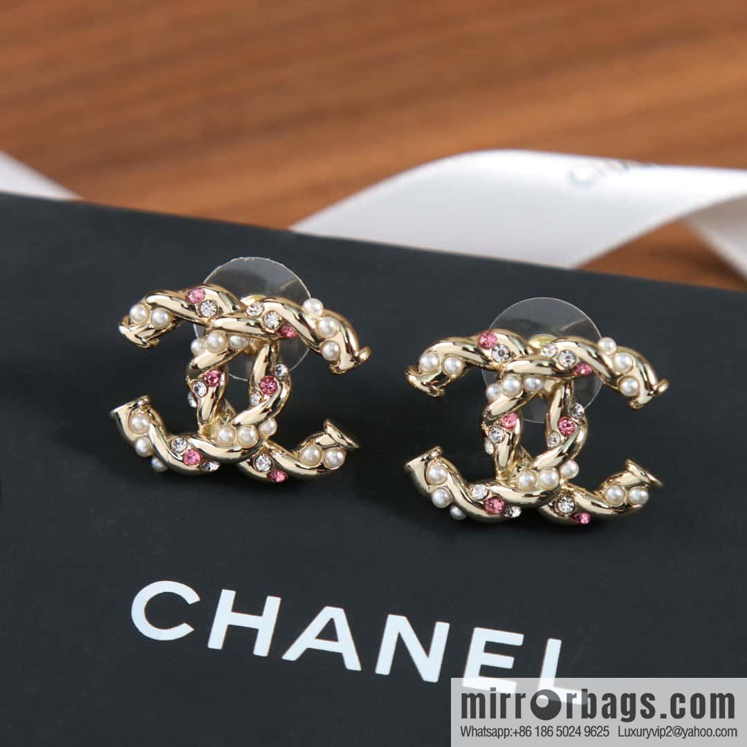 New ☑️ Chanel c1 double c pink diamond pearl stud earrings