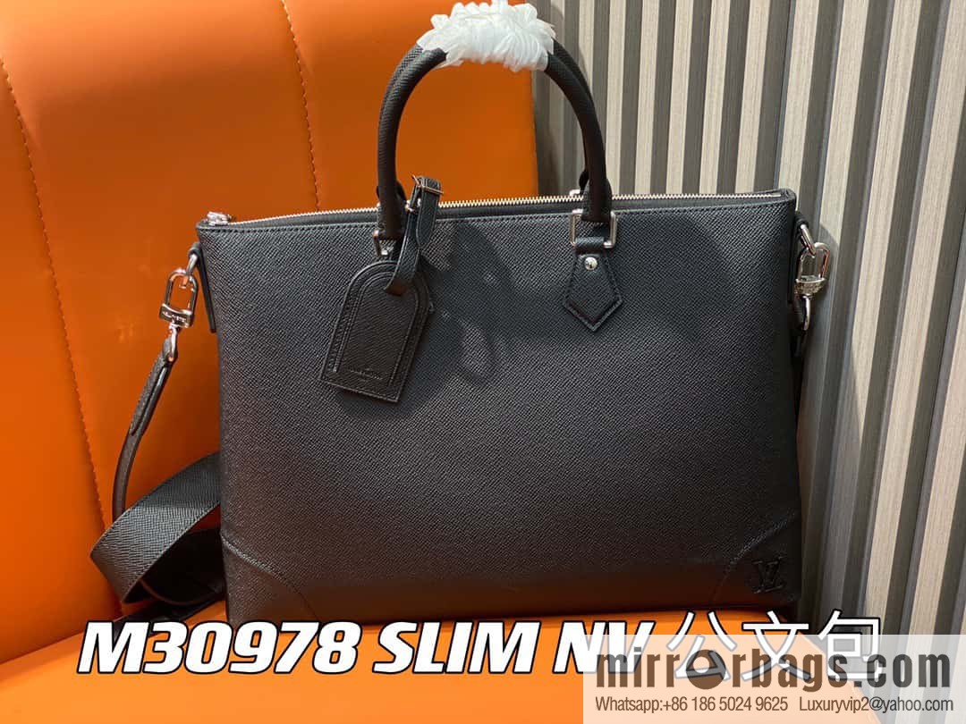 [Boutique‑grade] M30978 black full leather cross pattern briefcase series SLIM NV briefcase