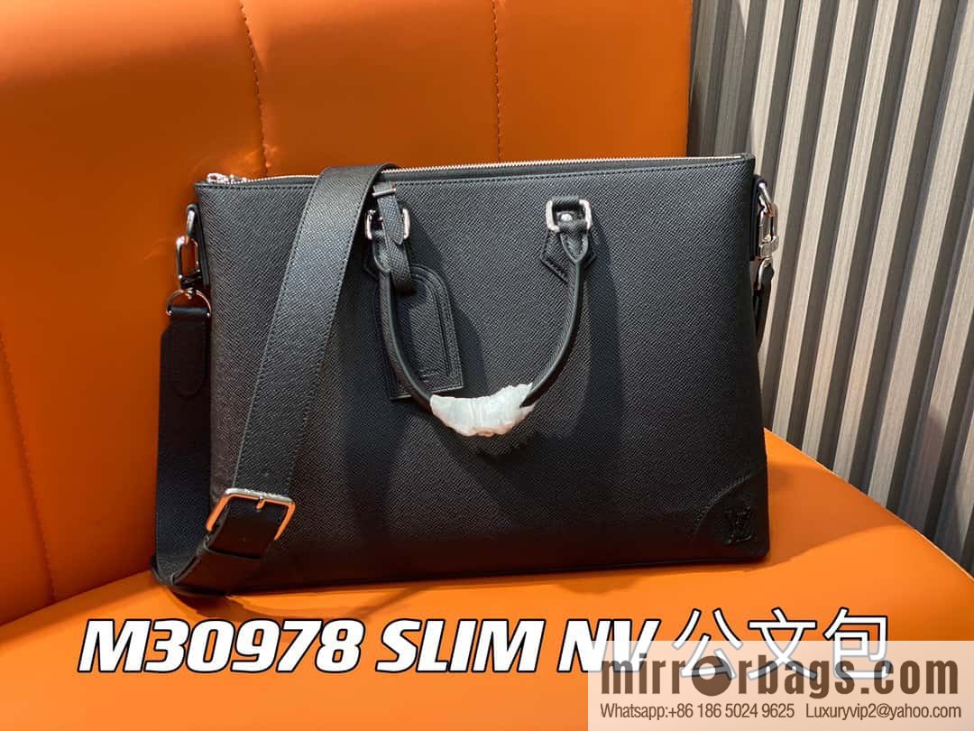 [Boutique‑grade] M30978 black full leather cross pattern briefcase series SLIM NV briefcase