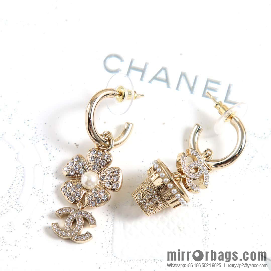 ☀️New ☑️ chanel c3 asymmetrical full diamond double c flower pearl stud earrings ☀️