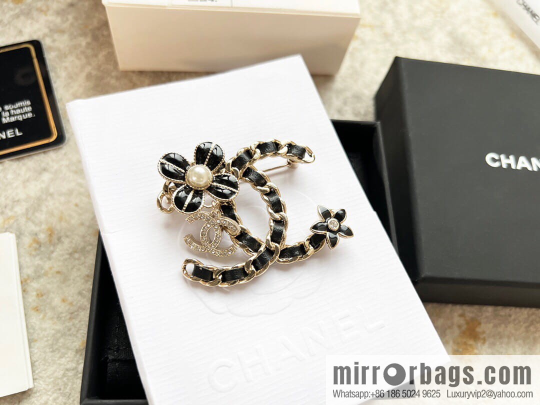 New Chanel double c camellia black leather rope brooch