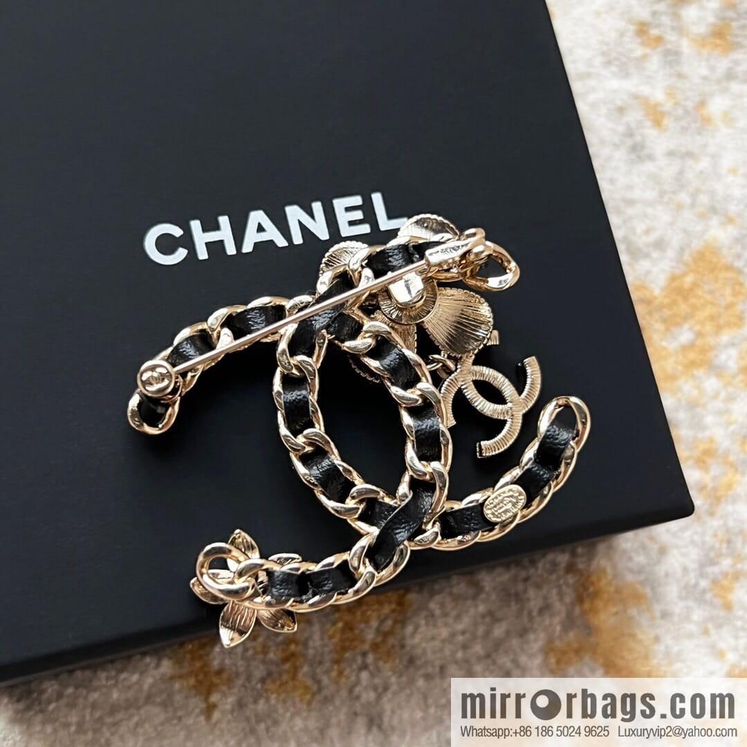 New Chanel double c camellia black leather rope brooch