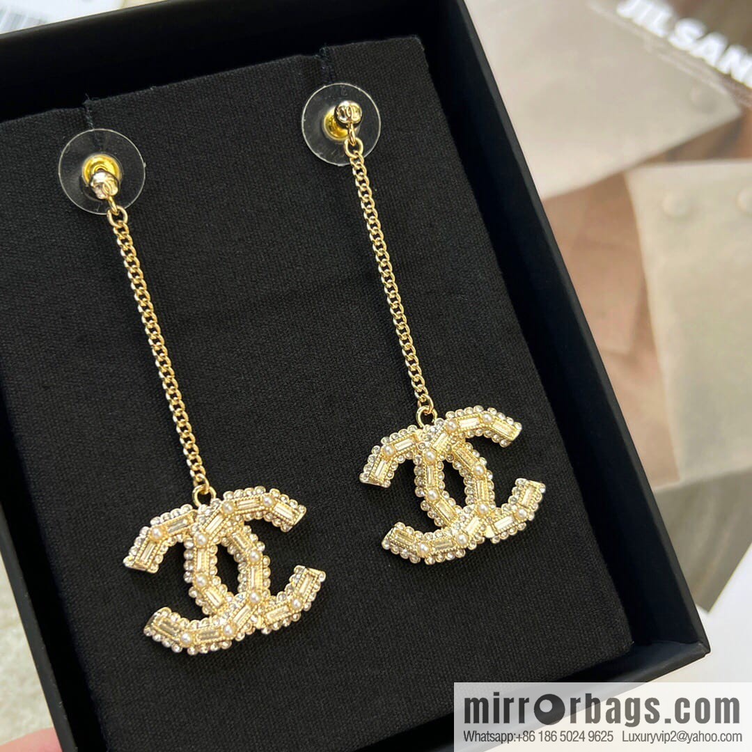 New Chanel c2 double c long full diamond stud earrings