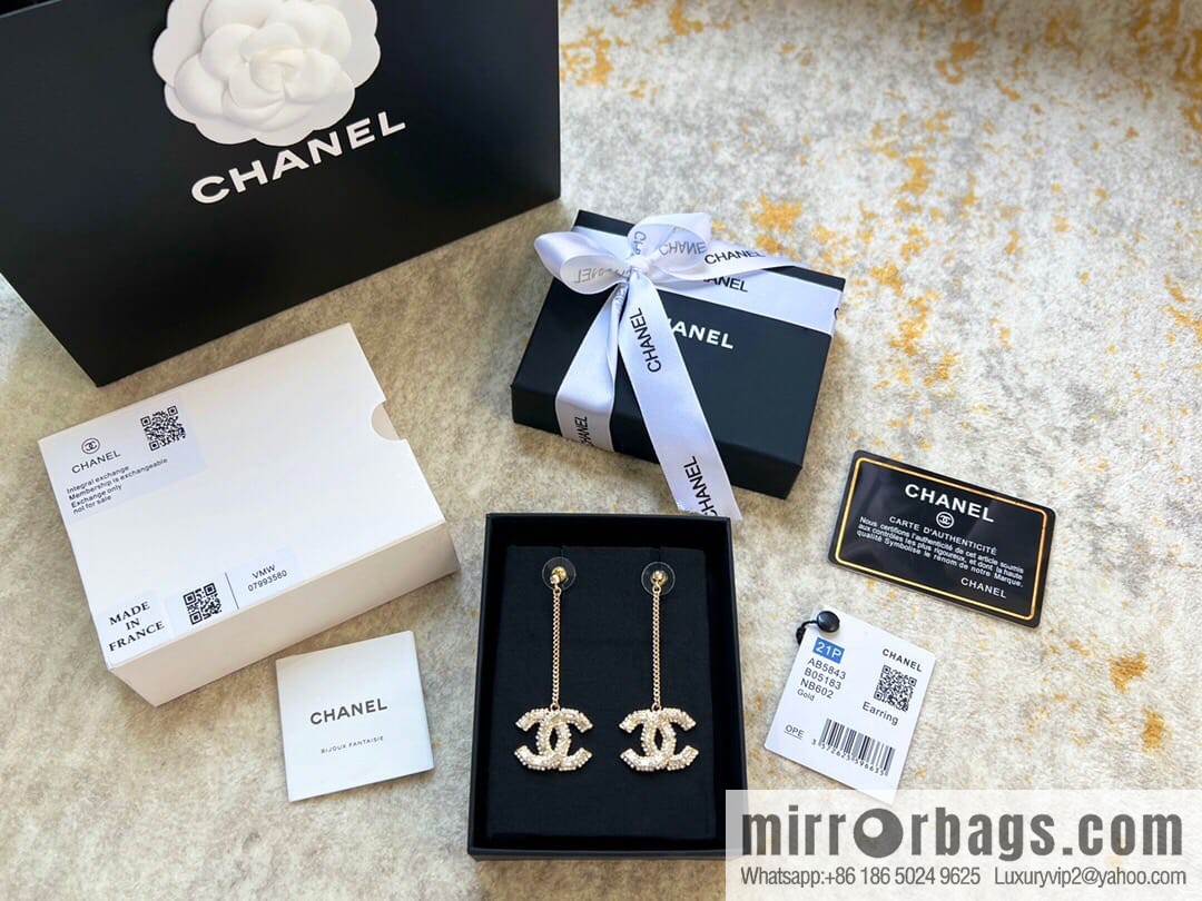 New Chanel c2 double c long full diamond stud earrings