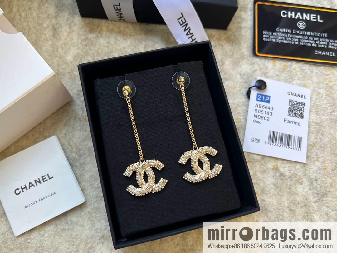 New Chanel c2 double c long full diamond stud earrings