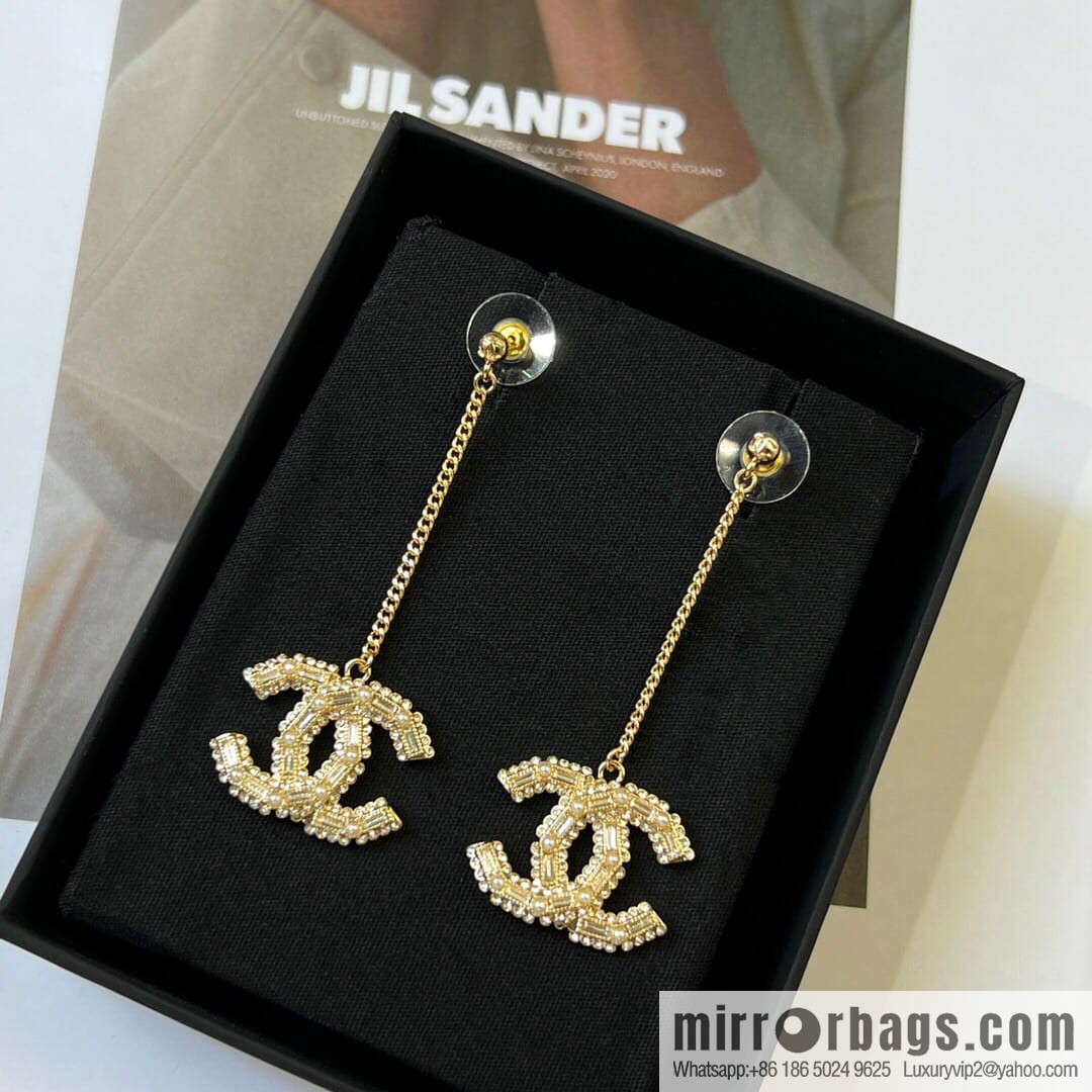 New Chanel c2 double c long full diamond stud earrings