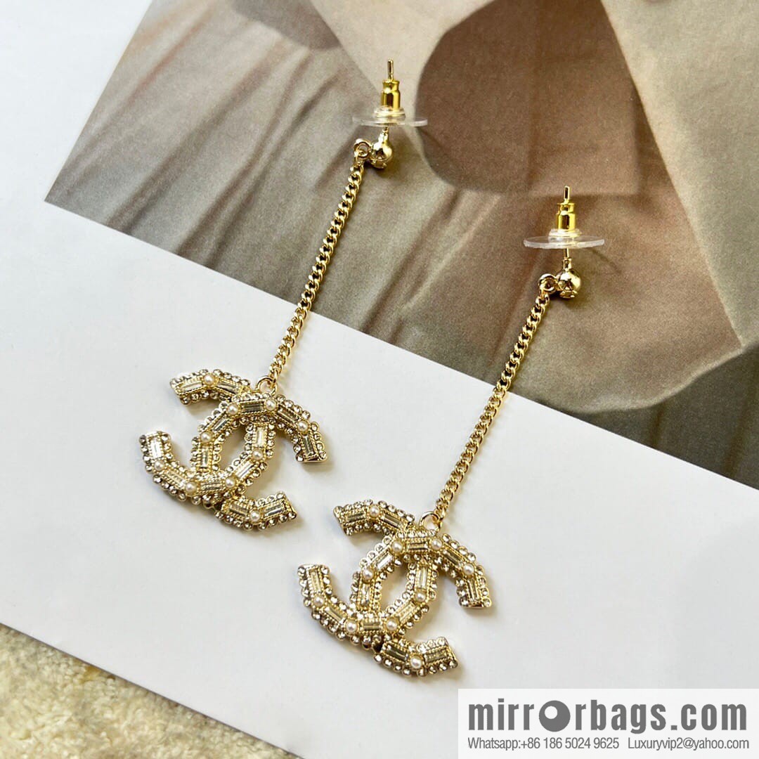 New Chanel c2 double c long full diamond stud earrings