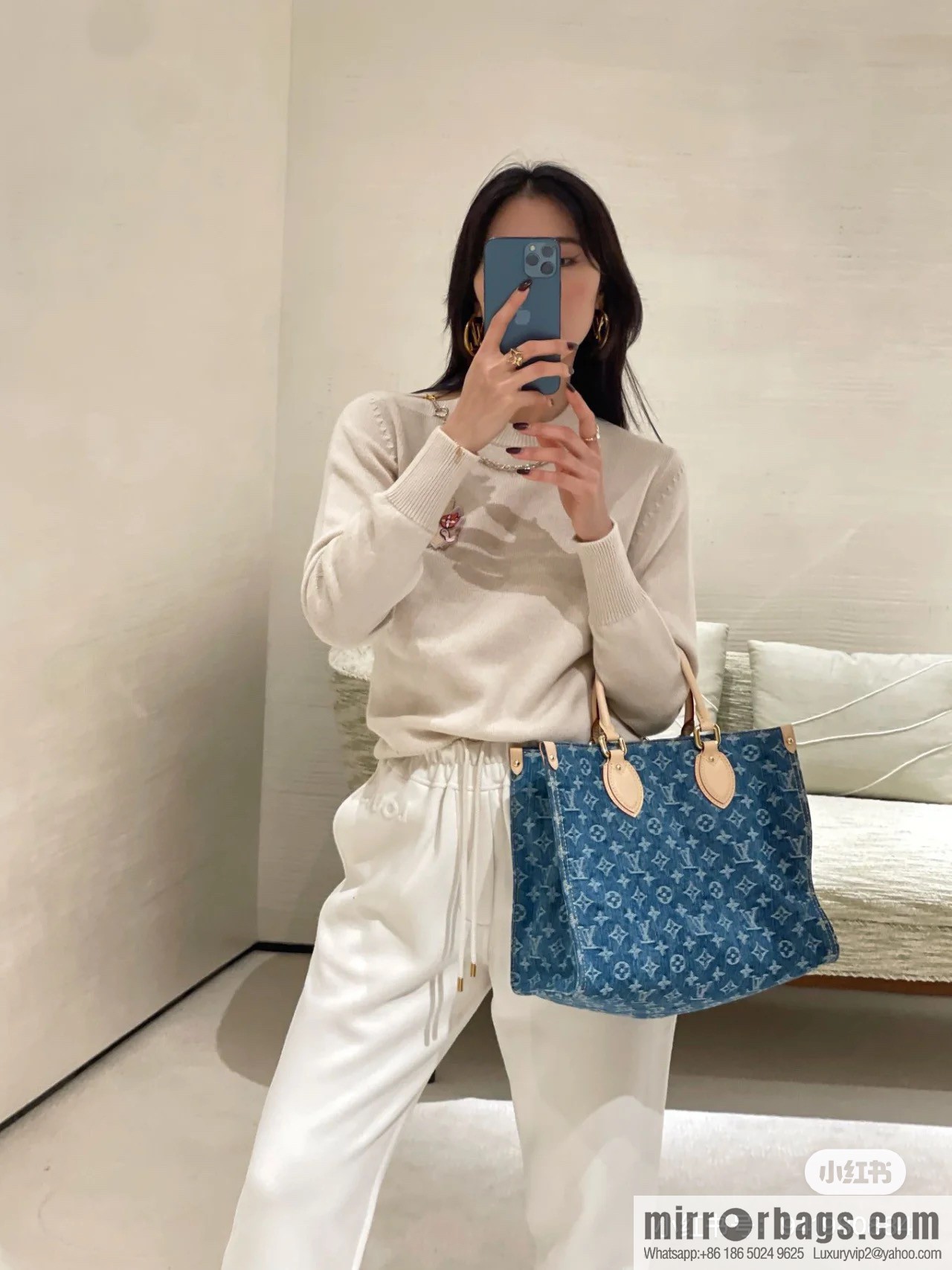 [Boutique‑grade] M46871 blue denim, denim square bag series Onthego medium handbag