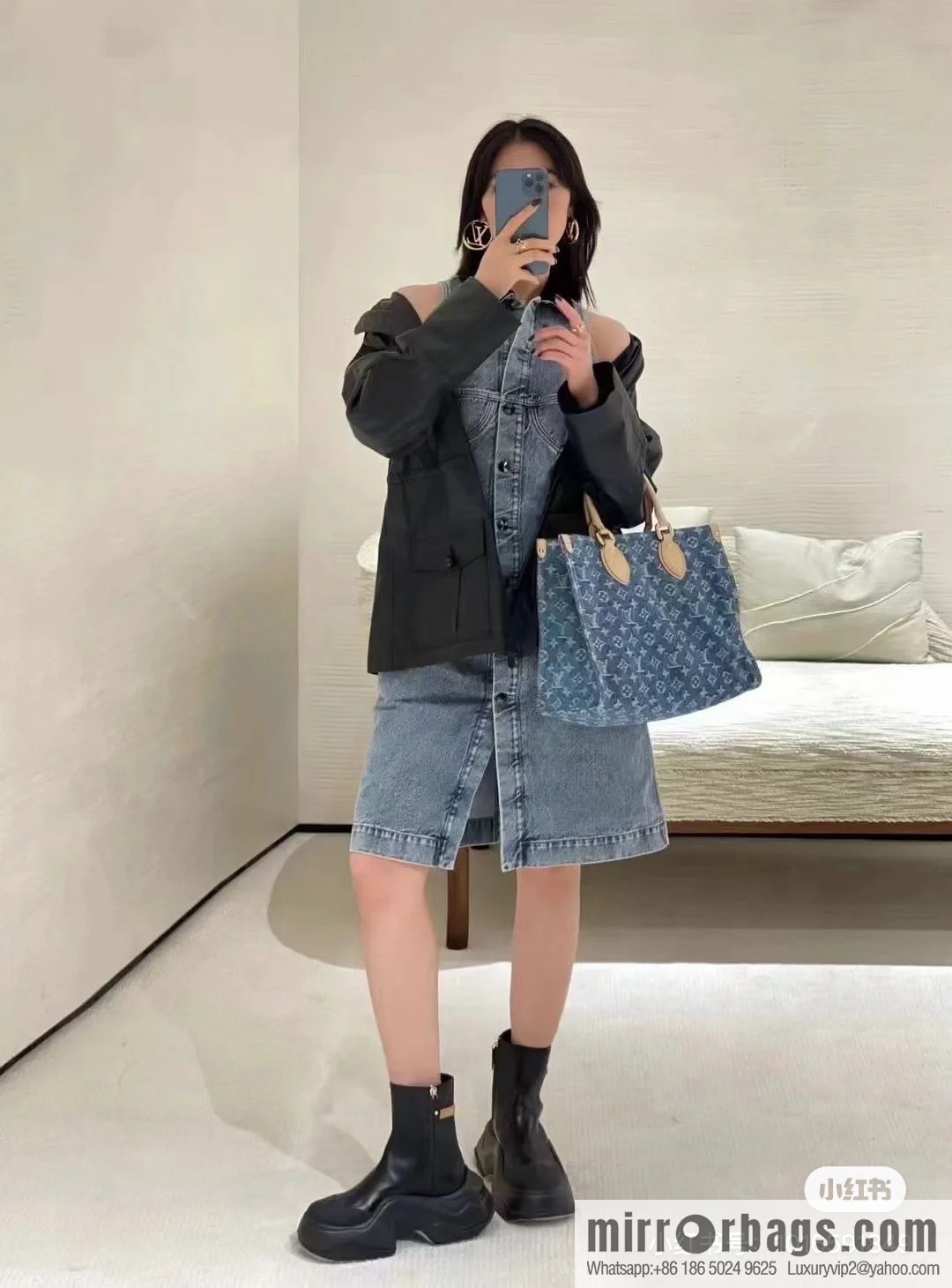 [Boutique‑grade] M46871 blue denim, denim square bag series Onthego medium handbag