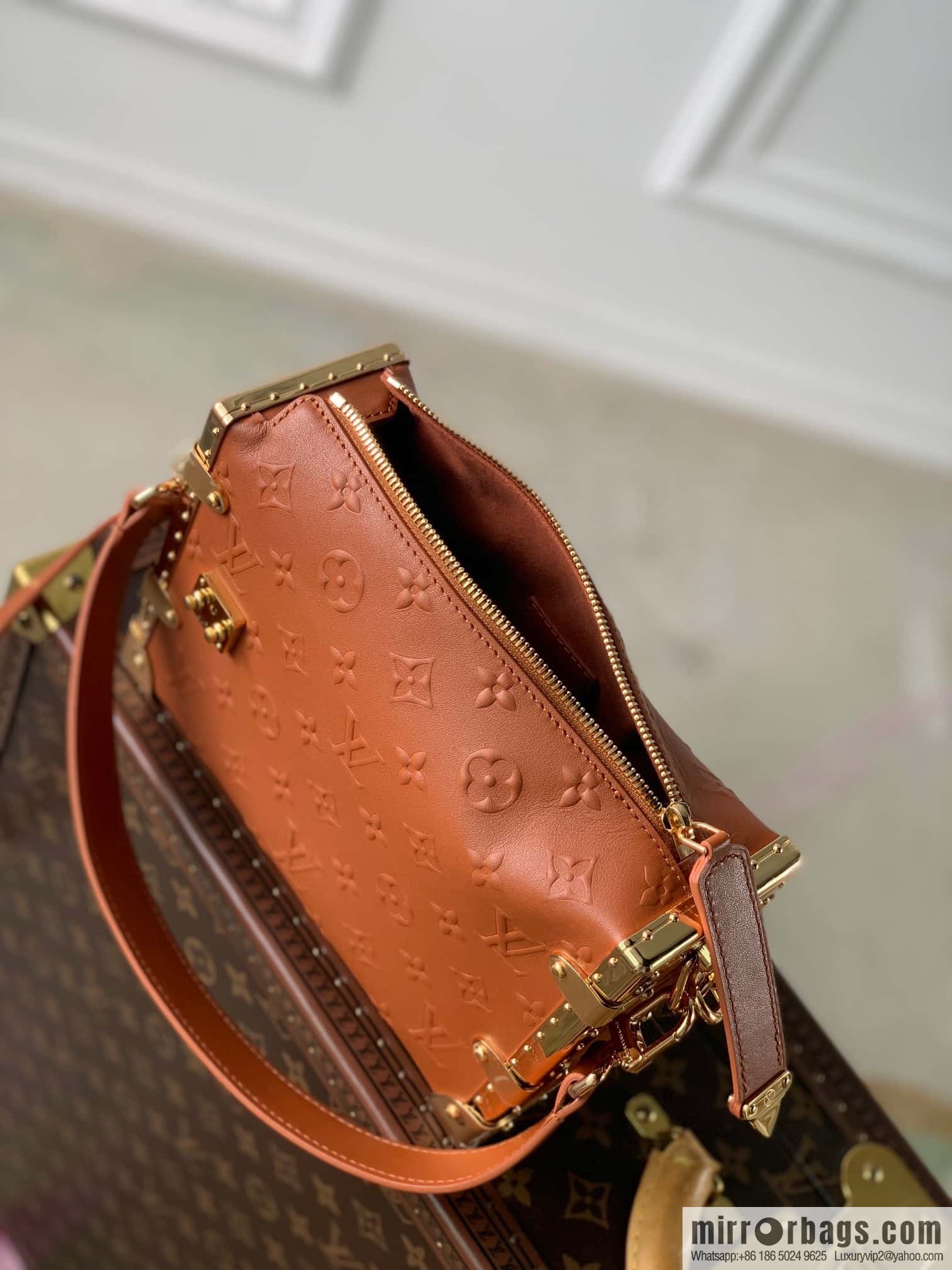 M21477 gold brown full leather M46358 full leather box bag series M21741 SIDE TRUNK handbag (copy)
